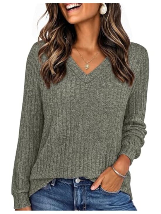 Tops - Women's V Neck Ribbed Top Fitted Long Sleeve Casual Fall Shirt